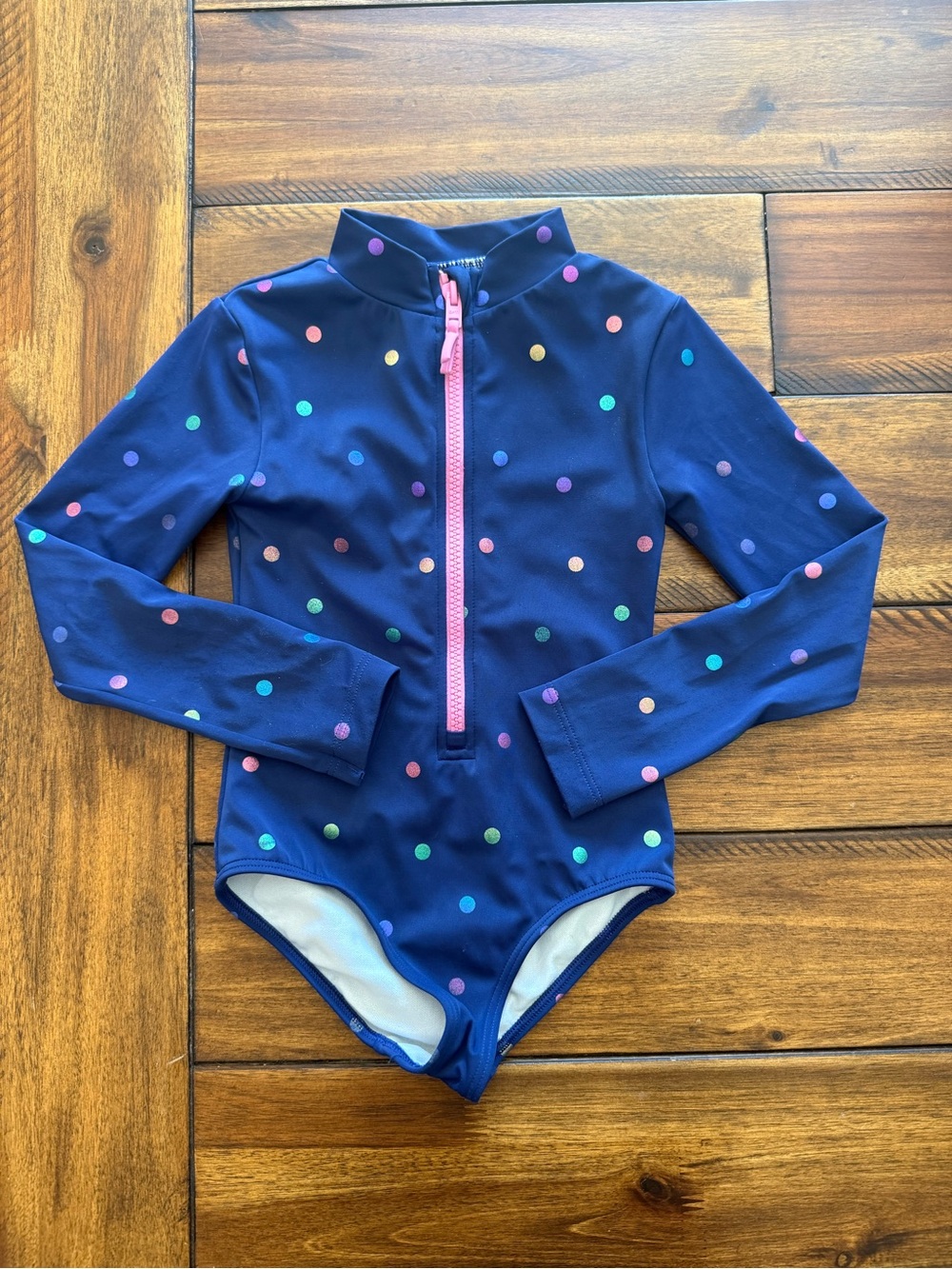 Mini Boden Navy Polka Dot Long-Sleeve Swim Suit with Pink Zipper